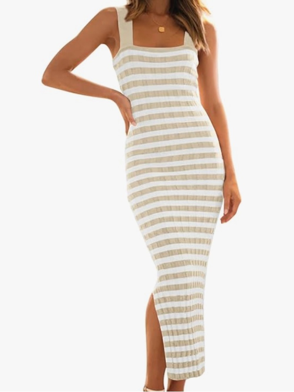 Women’s Medium Tan White Sleeveless Striped Midi Bodycon Knit Wide Strap Dress